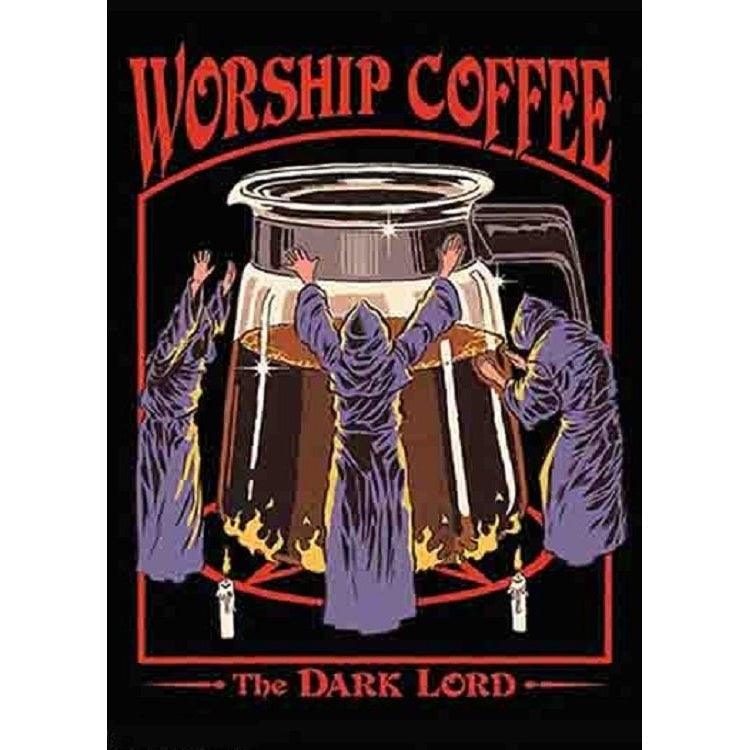 Worship Coffee The Dark Lord Magnet | Occult Coffee Humor Art by Steven Rhodes | 2.5" X 3.5"