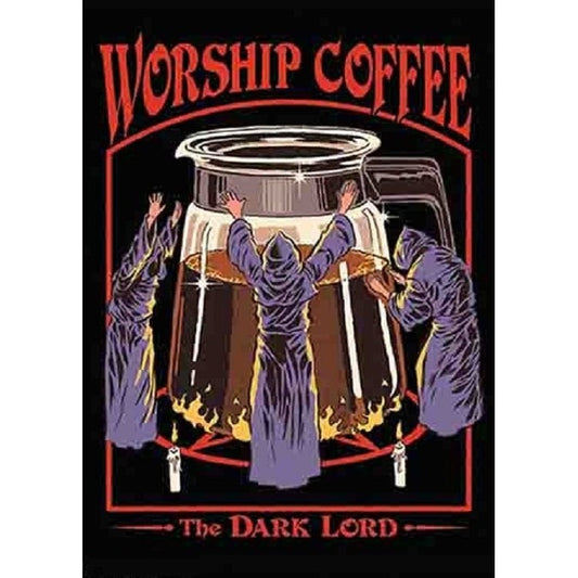 Worship Coffee The Dark Lord Magnet | Occult Coffee Humor Art by Steven Rhodes | 2.5" X 3.5"