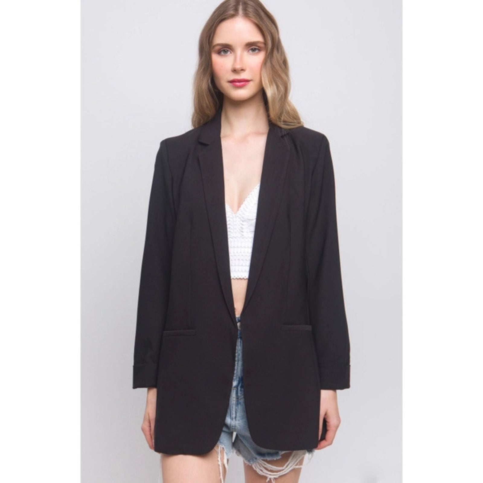 Woven Solid Vertigo Blazer in Black [Size Options: SM-1X]