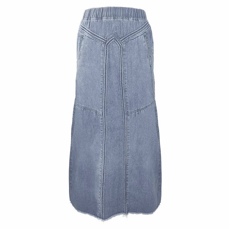 XL-4X Boho Seams Long Denim Skirt | Plus Size A-Line Bohemian Elastic Waist Pocket Jean Skirt