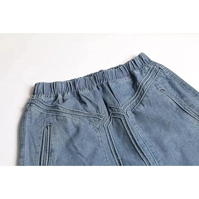 XL-4X Boho Seams Long Denim Skirt | Plus Size A-Line Bohemian Elastic Waist Pocket Jean Skirt