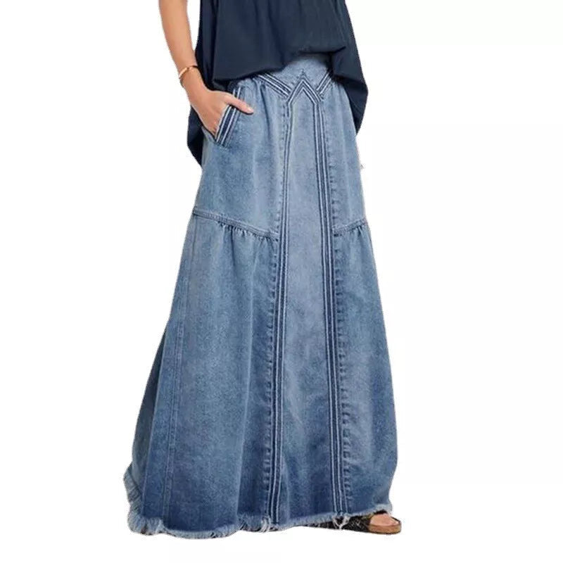 XL 4X Boho Seams Long Denim Skirt Plus Size A Line Bohemian Elastic The Bullish Store