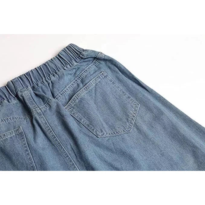 XL-4X Boho Seams Long Denim Skirt | Plus Size A-Line Bohemian Elastic Waist Pocket Jean Skirt