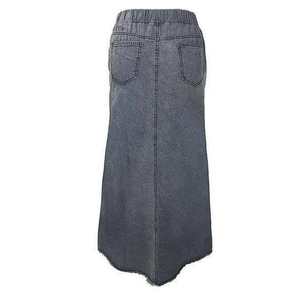 XL-4X Boho Seams Long Denim Skirt | Plus Size A-Line Bohemian Elastic Waist Pocket Jean Skirt