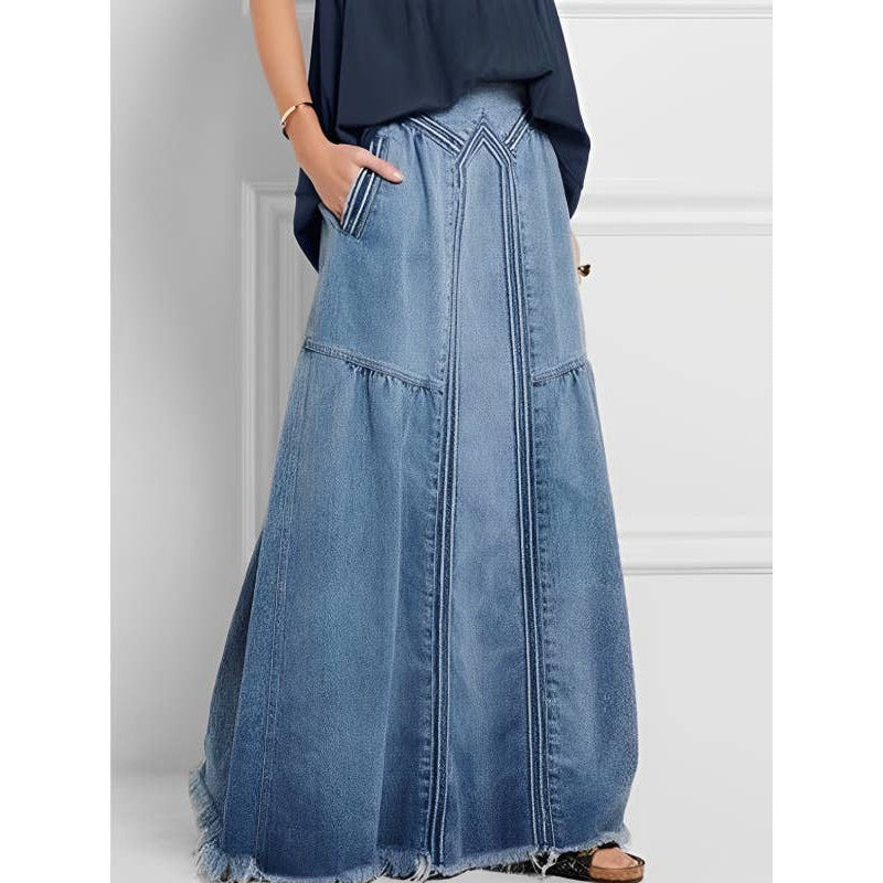 XL-4X Boho Seams Long Denim Skirt | Plus Size A-Line Bohemian Elastic Waist Pocket Jean Skirt