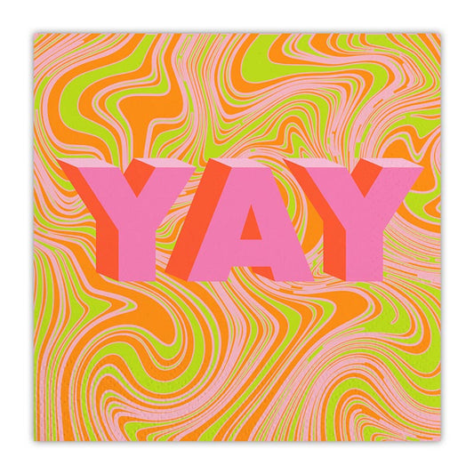 Colorful swirled pattern with 'YAY' in pink text