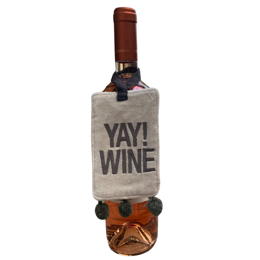 Yay! Wine Velvet Wine Bottle Tag with Pom Trim Details