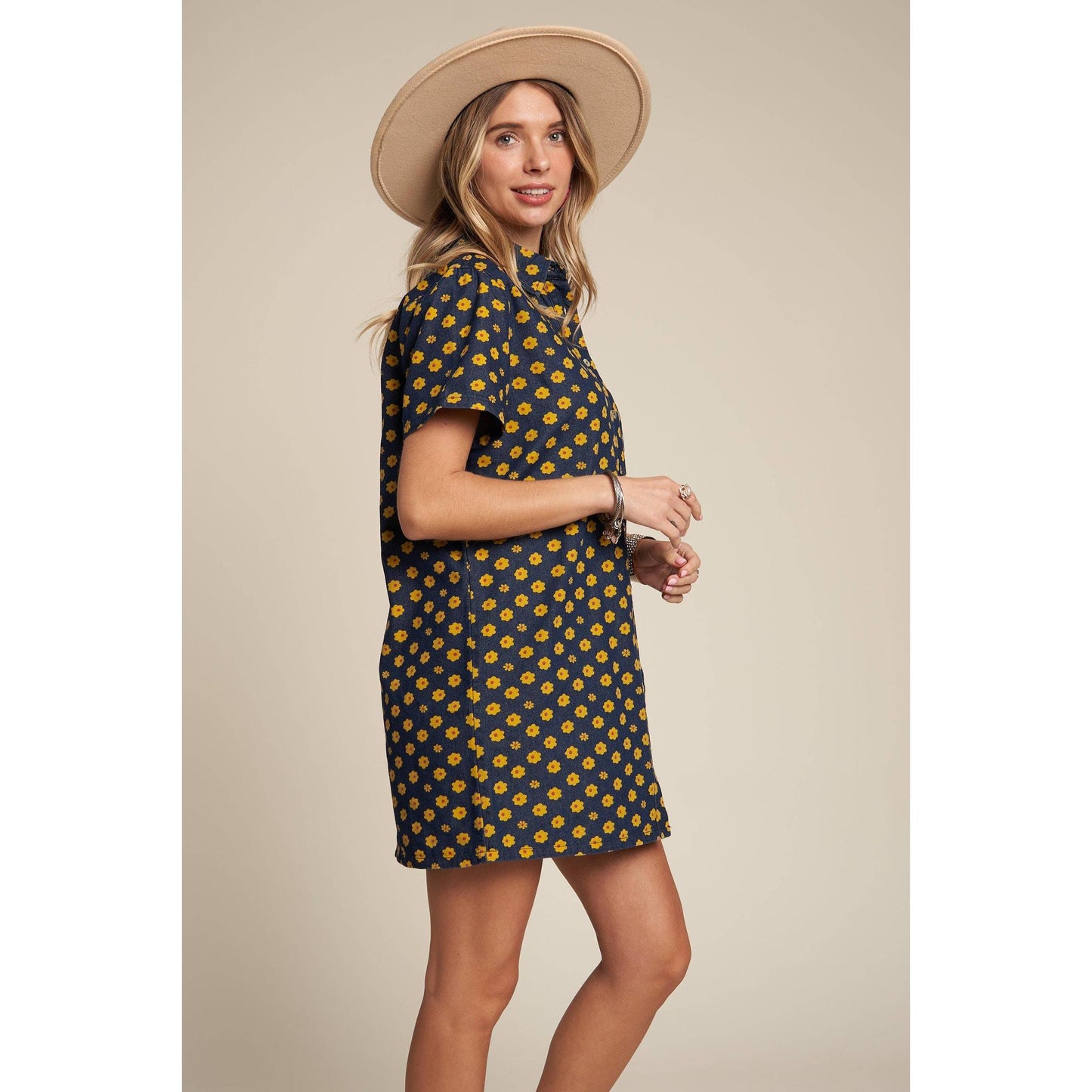 Yellow Flowers Button Down Denim Shirt Dress | Fashion Mini Dress [Available in SM,M]