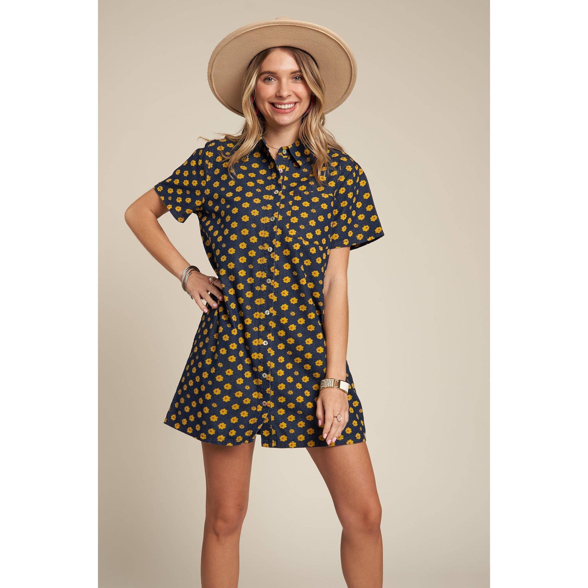Yellow Flowers Button Down Denim Shirt Dress | Fashion Mini Dress [Available in SM,M]