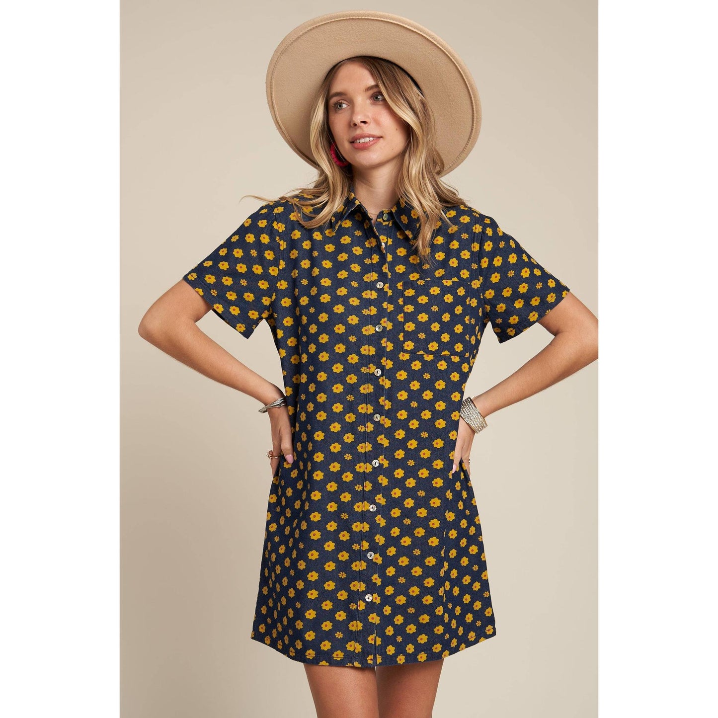 Yellow Flowers Button Down Denim Shirt Dress | Fashion Mini Dress [Available in SM,M]