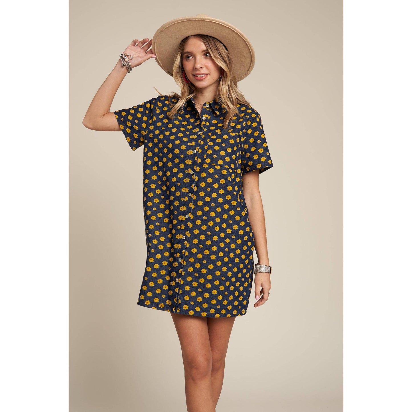 Yellow Flowers Button Down Denim Shirt Dress | Fashion Mini Dress [Available in SM,M]