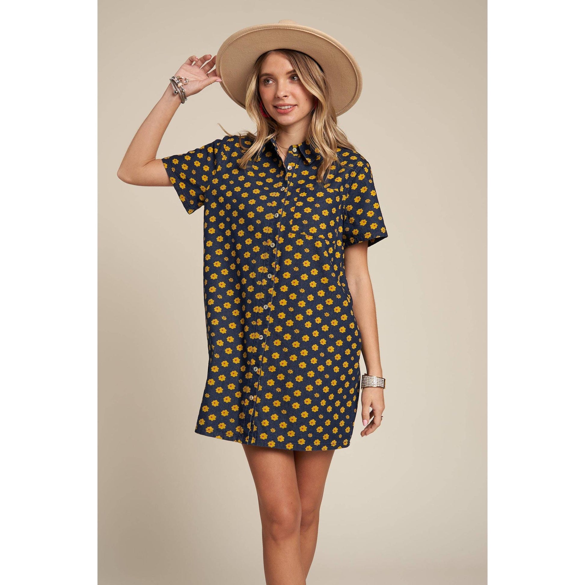 Yellow Flowers Button Down Denim Shirt Dress | Fashion Mini Dress [Available in SM,M]