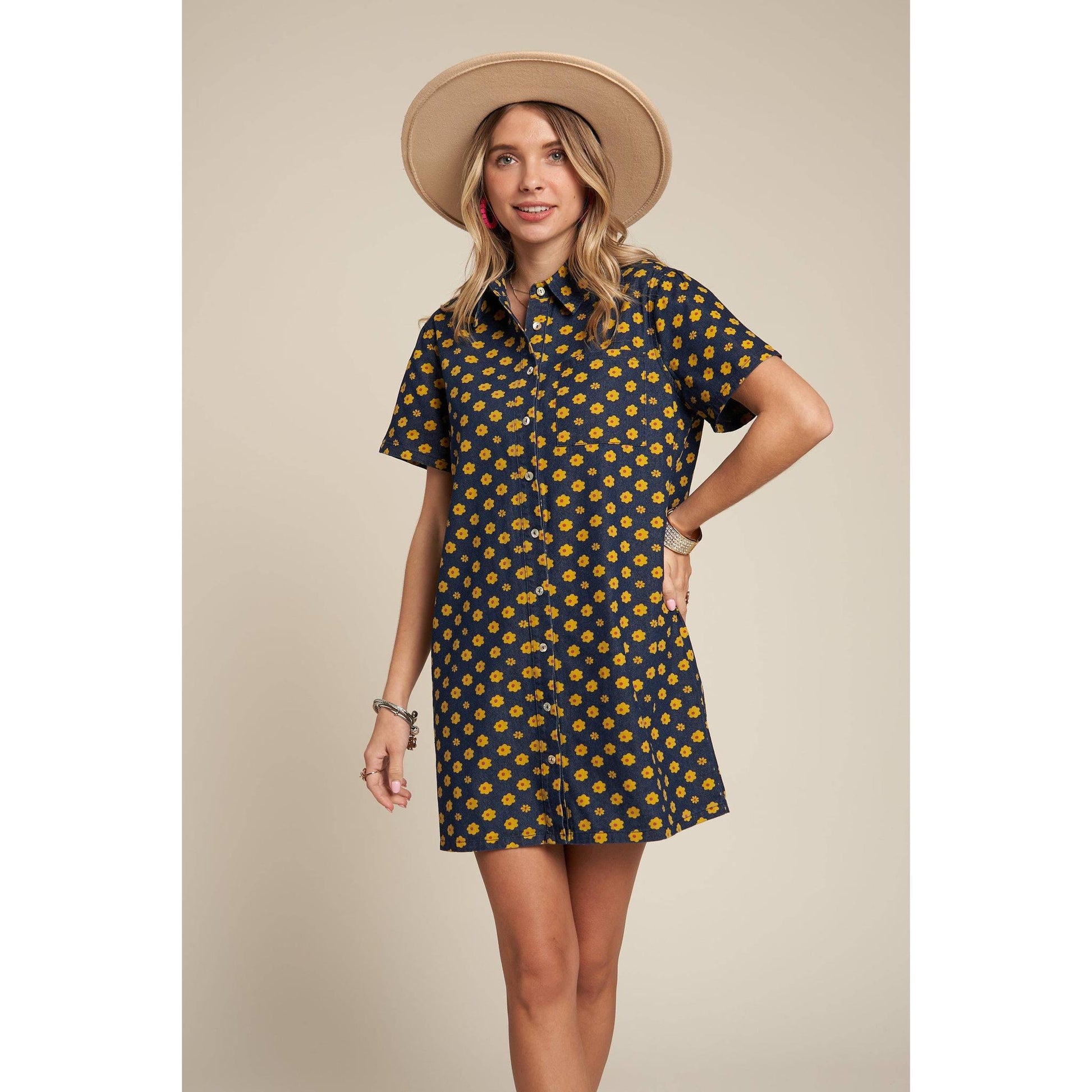 Yellow Flowers Button Down Denim Shirt Dress | Fashion Mini Dress [Available in SM,M]