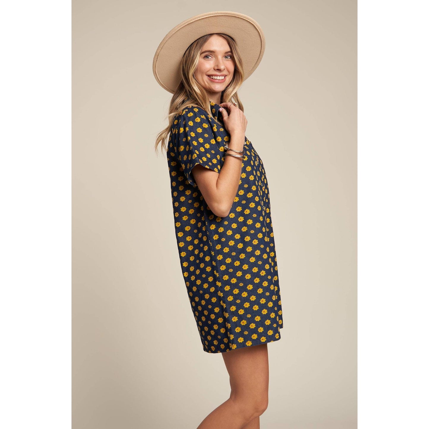 Yellow Flowers Button Down Denim Shirt Dress | Fashion Mini Dress [Available in SM,M]