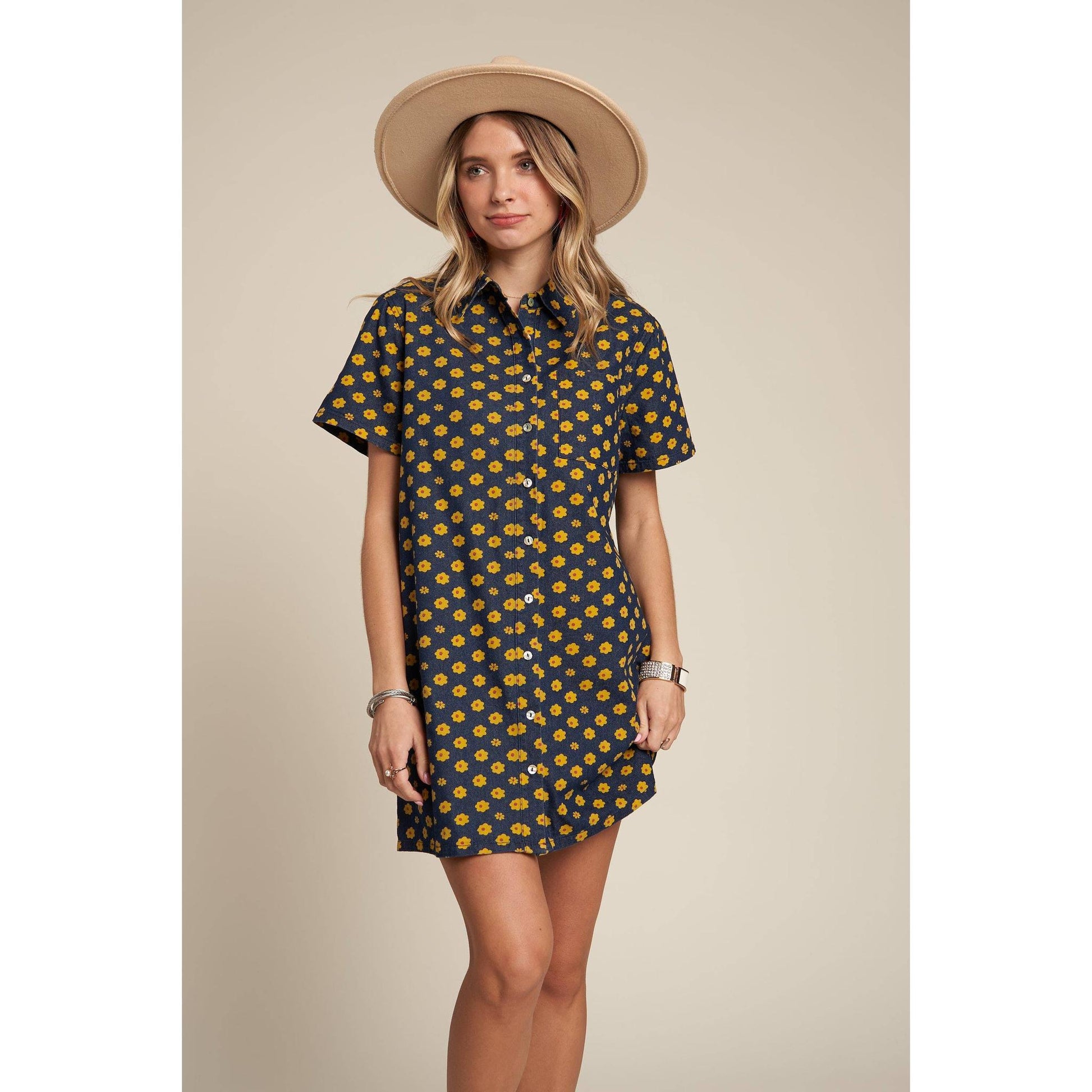 Yellow Flowers Button Down Denim Shirt Dress | Fashion Mini Dress [Available in SM,M]
