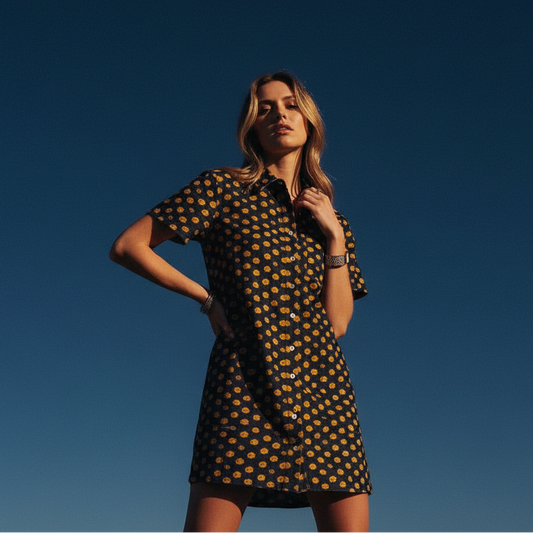 Woman wearing a black dress with yellow patterns against a clear blue sky