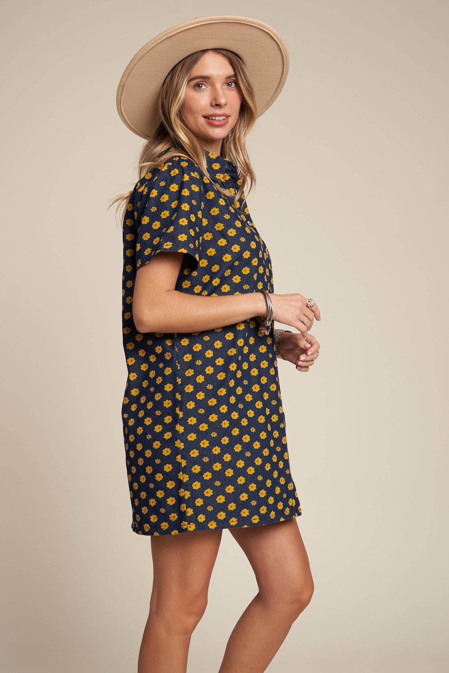 Yellow Flowers Button Down Denim Shirt Dress | Fashion Mini Dress [Available in SM,M]