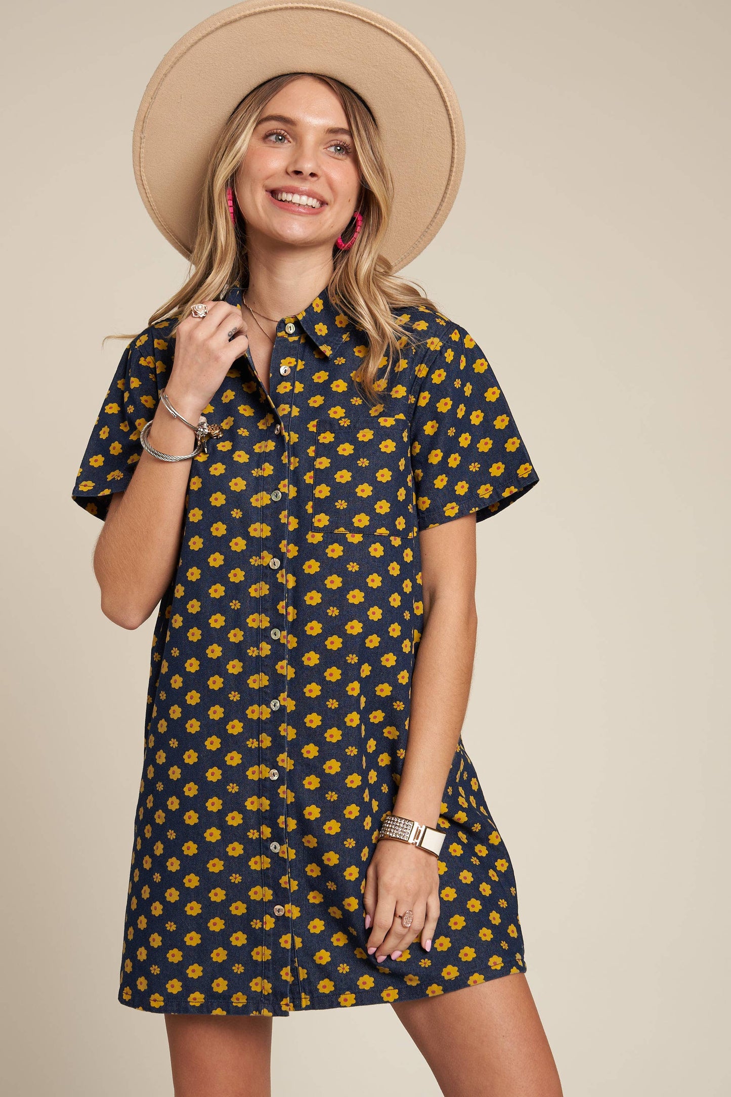 Yellow Flowers Button Down Denim Shirt Dress | Fashion Mini Dress [Available in SM,M]