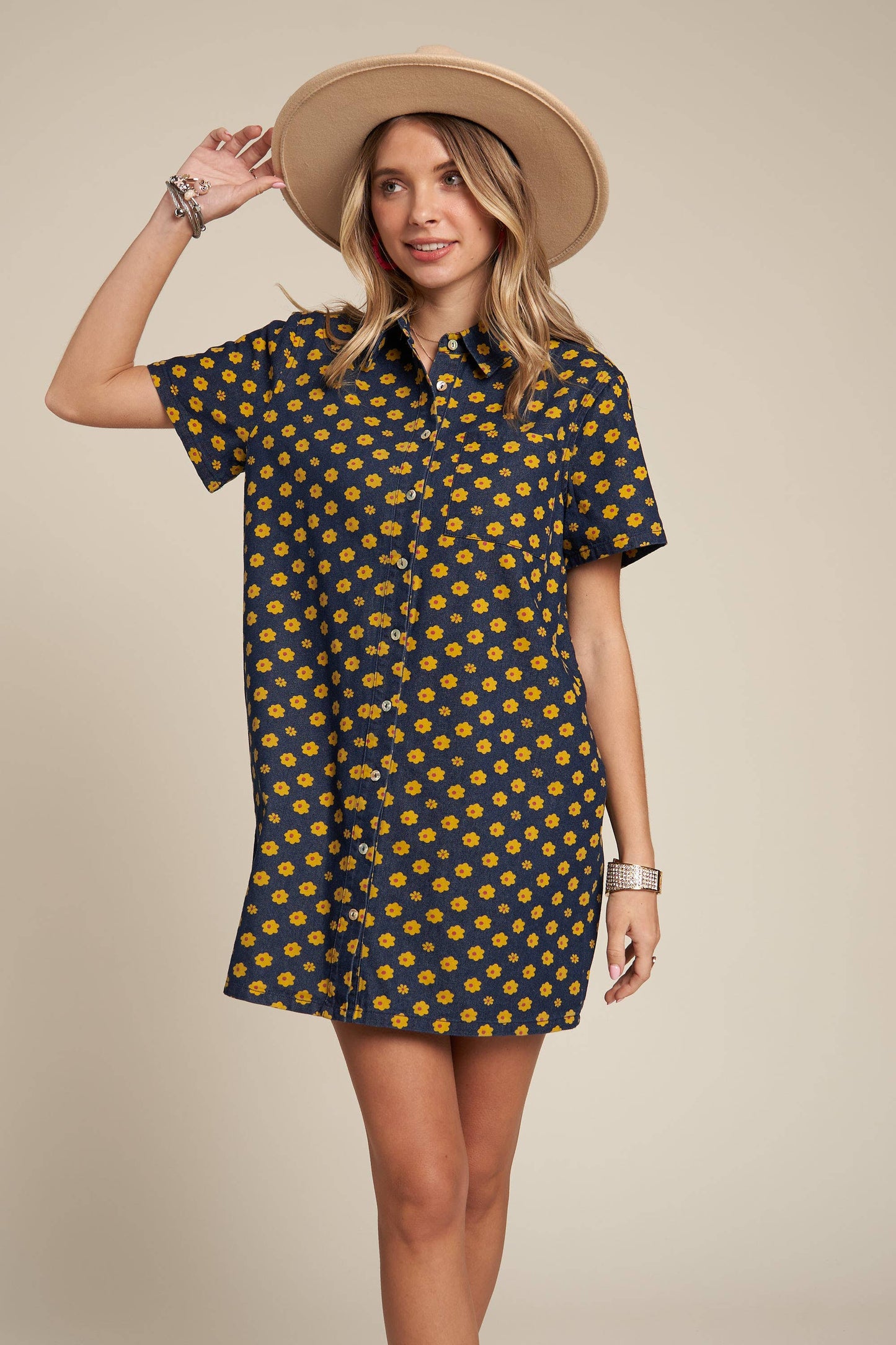 Yellow Flowers Button Down Denim Shirt Dress | Fashion Mini Dress [Available in SM,M]