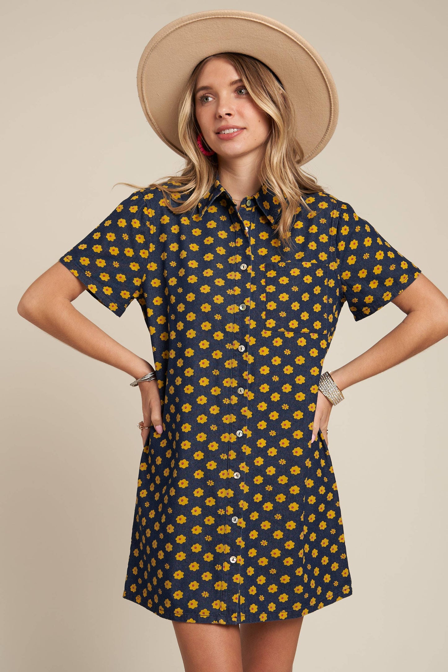 Yellow Flowers Button Down Denim Shirt Dress | Fashion Mini Dress [Available in SM,M]