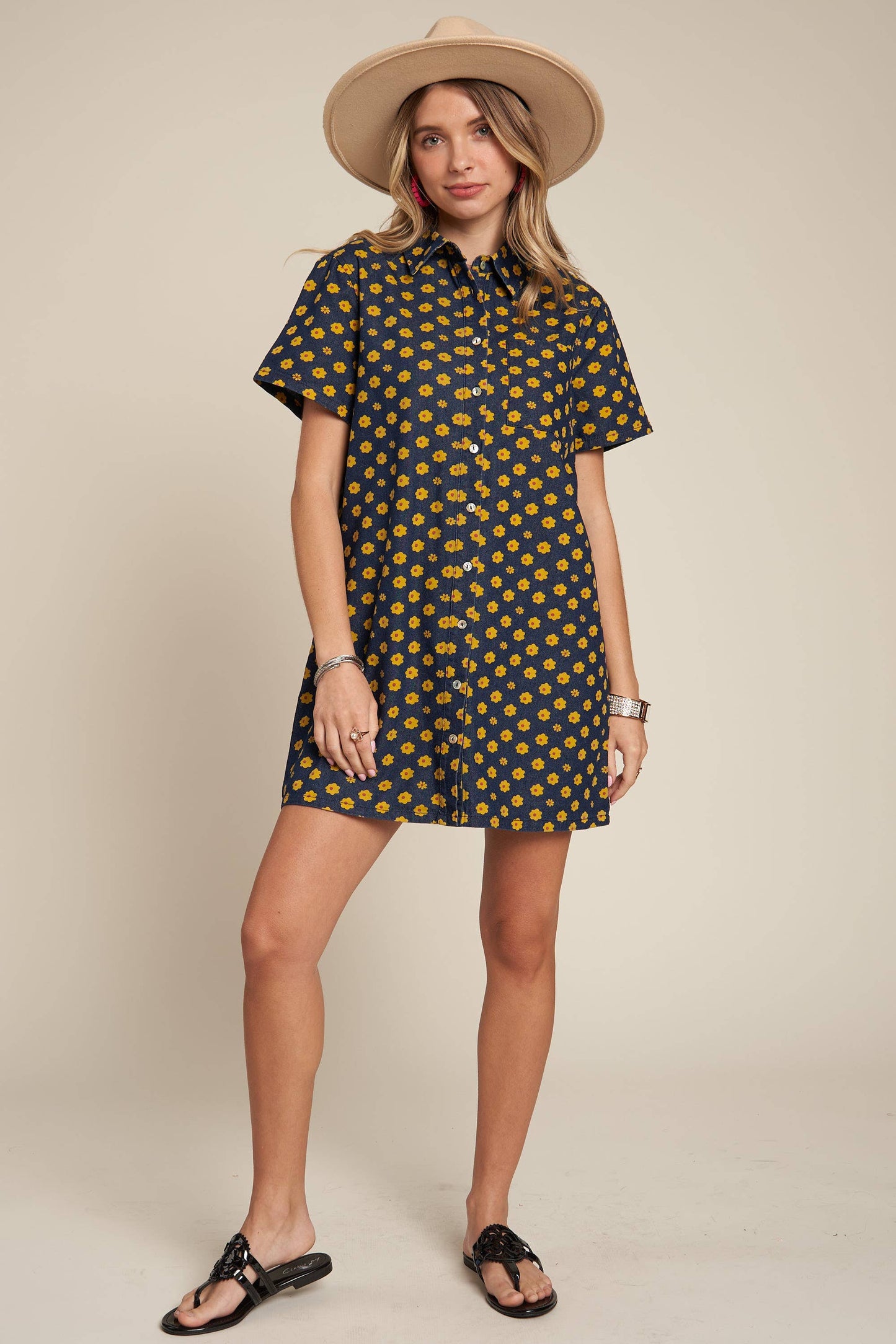 Yellow Flowers Button Down Denim Shirt Dress | Fashion Mini Dress [Available in SM,M]