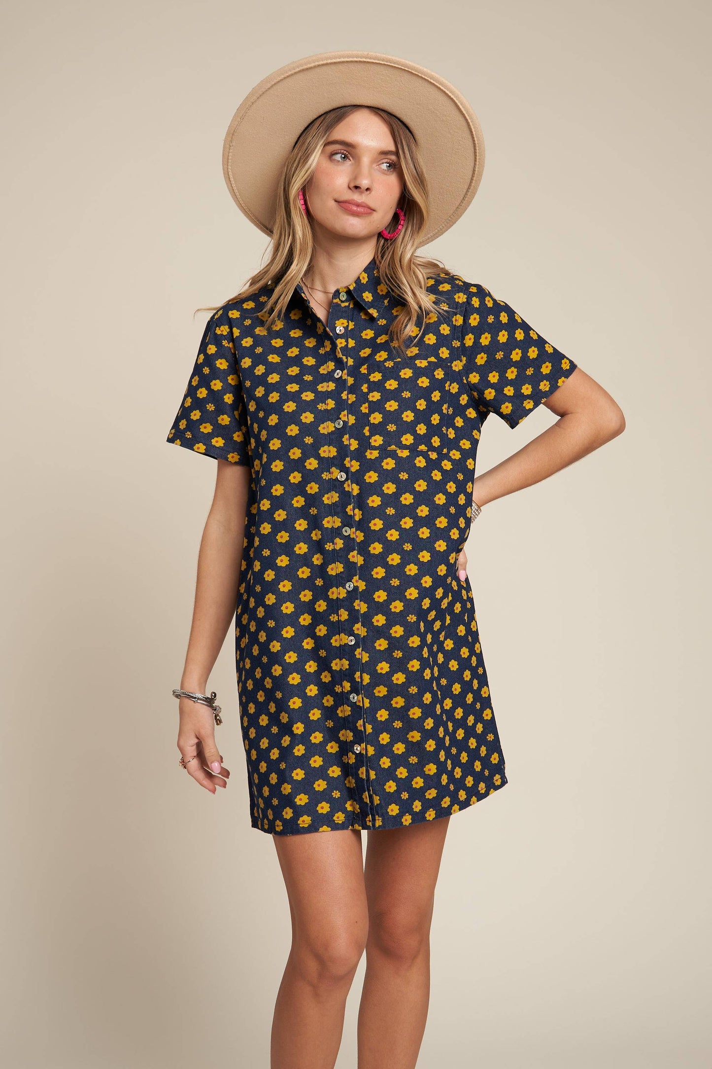 Yellow Flowers Button Down Denim Shirt Dress | Fashion Mini Dress [Available in SM,M]