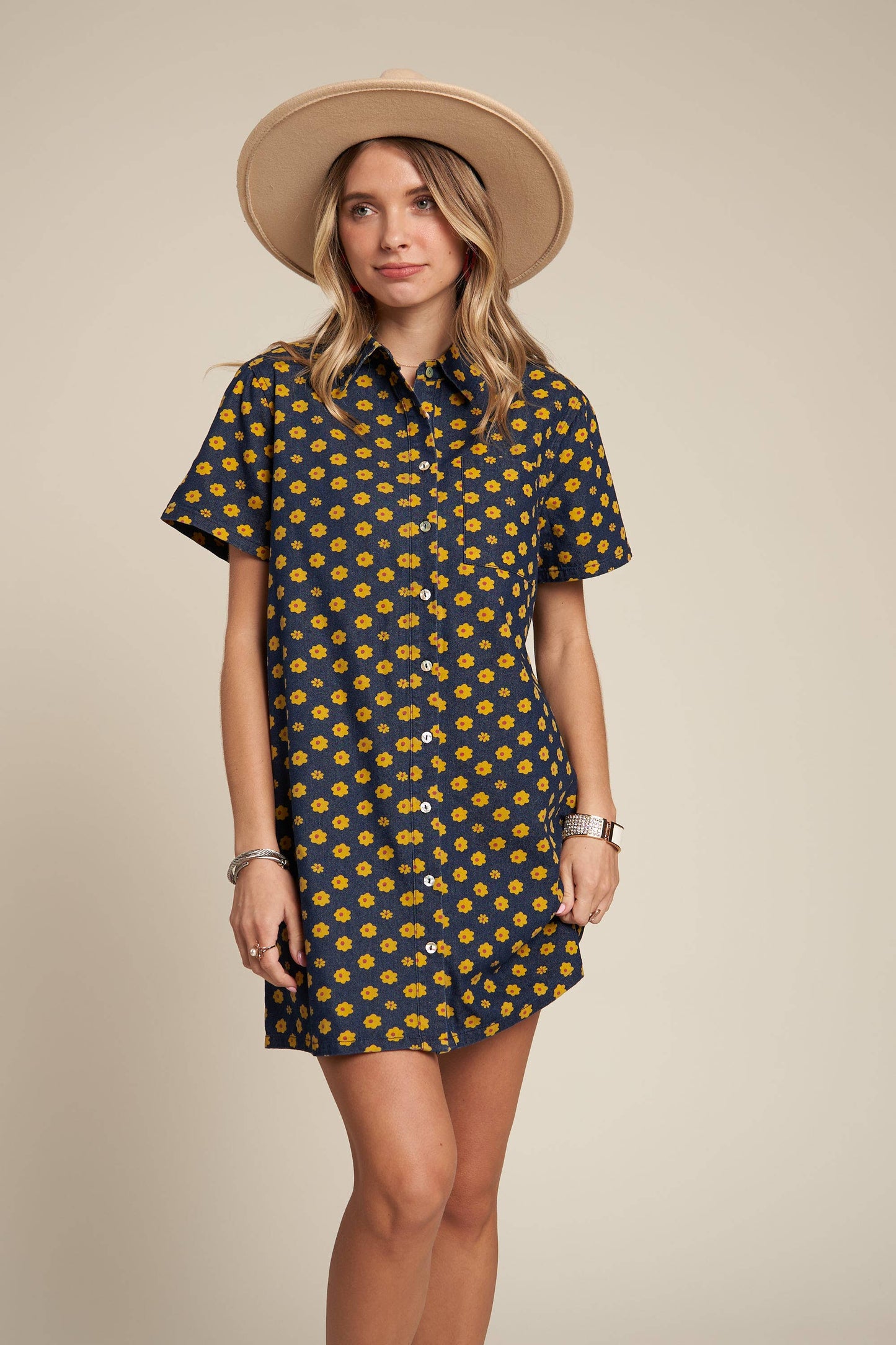 Yellow Flowers Button Down Denim Shirt Dress | Fashion Mini Dress [Available in SM,M]