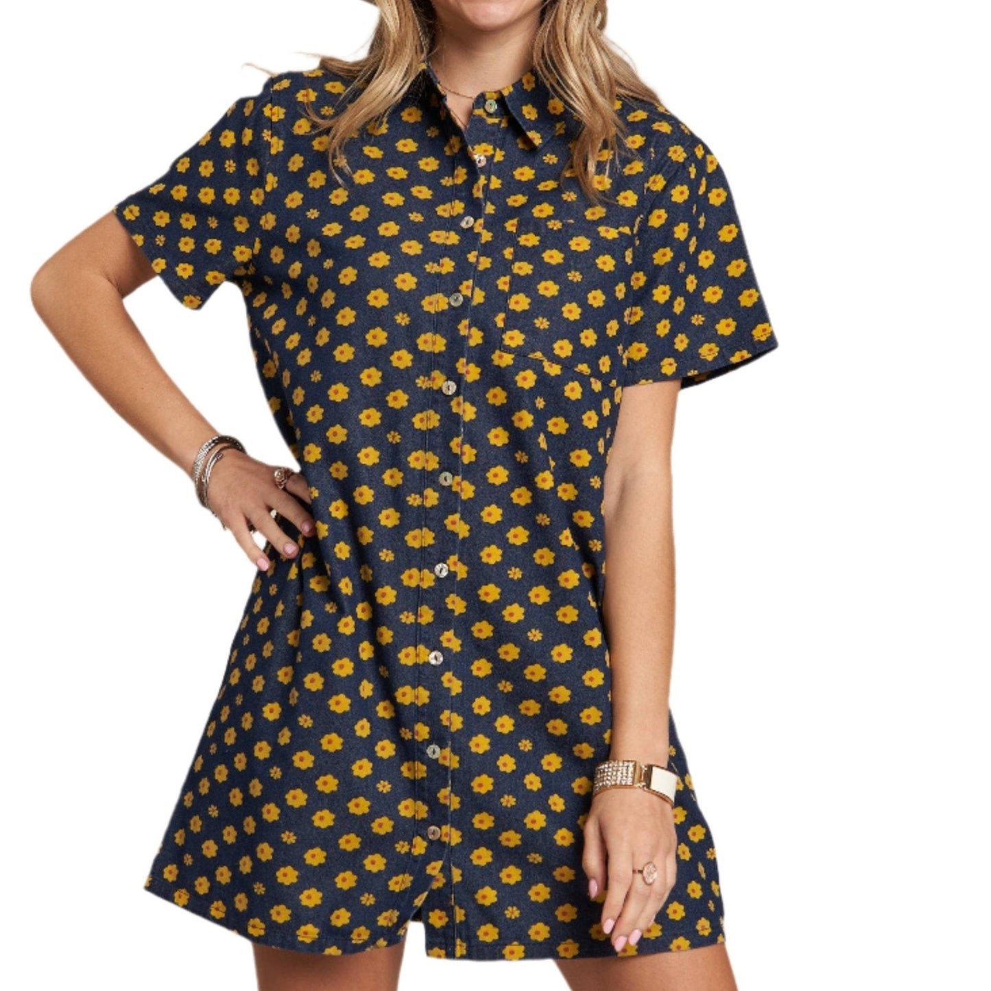 Yellow Flowers Button Down Denim Shirt Dress | Fashion Mini Dress [Available in SM,M]