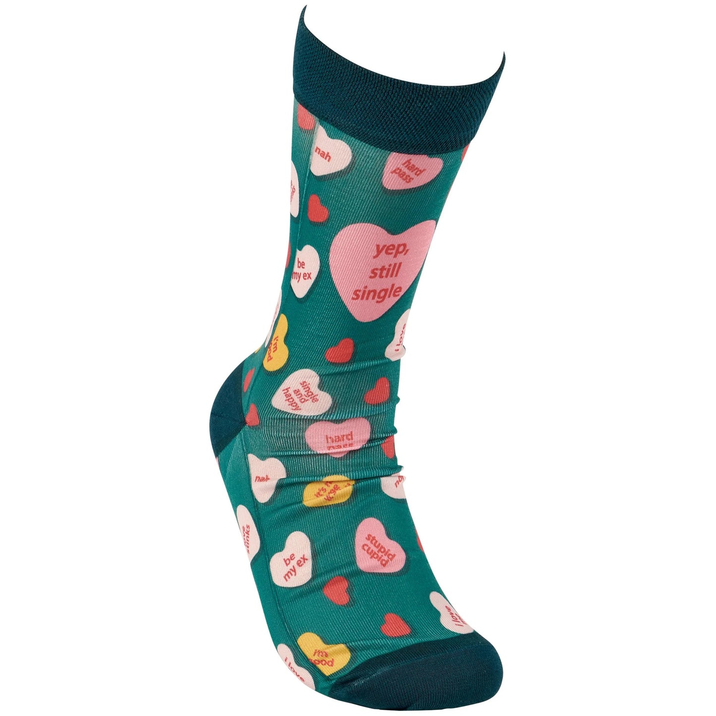 Yep, Still Single Crew Socks | Multicolor Candy Hearts Design Novelty Socks