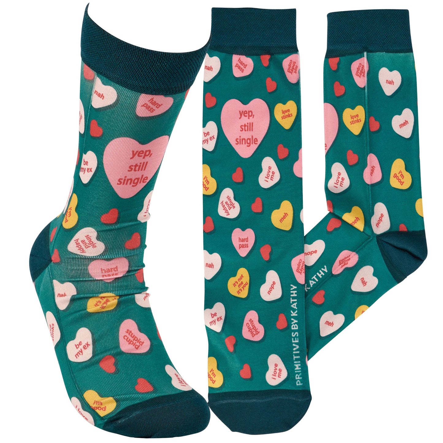 Yep, Still Single Crew Socks | Multicolor Candy Hearts Design Novelty Socks
