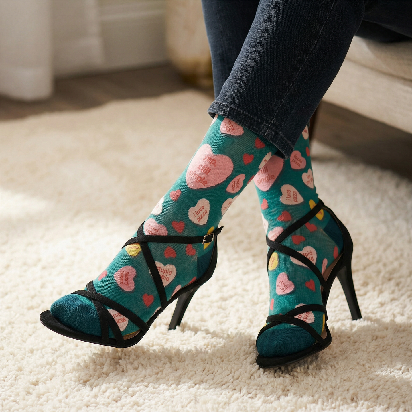 Yep, Still Single Crew Socks | Multicolor Candy Hearts Design Novelty Socks