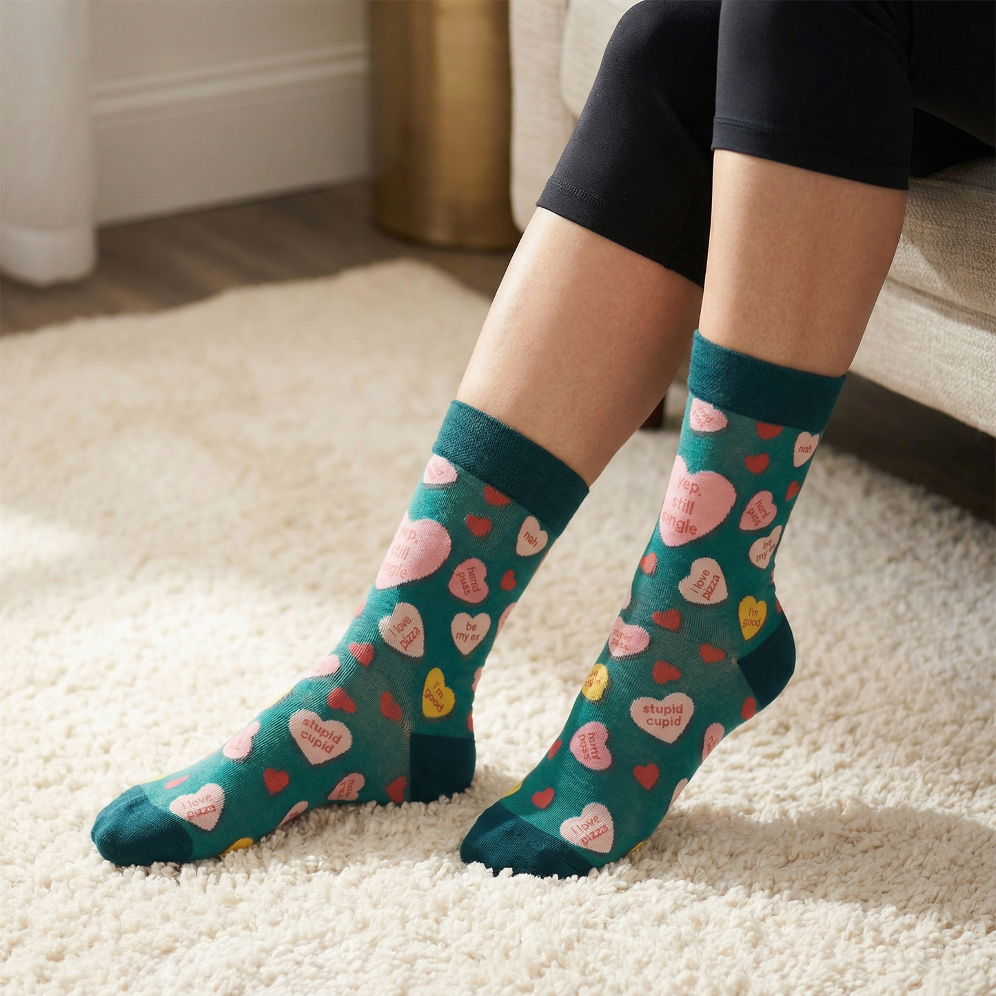 Yep, Still Single Crew Socks | Multicolor Candy Hearts Design Novelty Socks