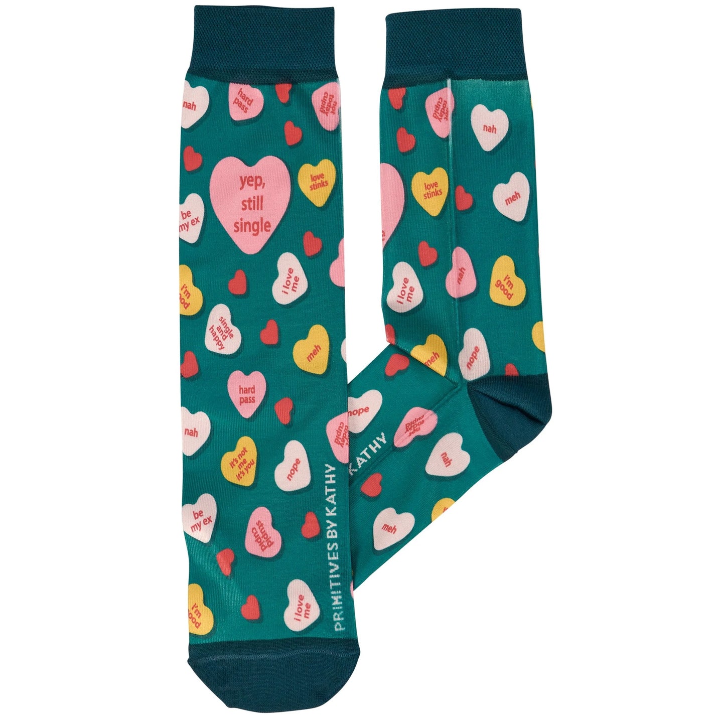 Yep, Still Single Crew Socks | Multicolor Candy Hearts Design Novelty Socks