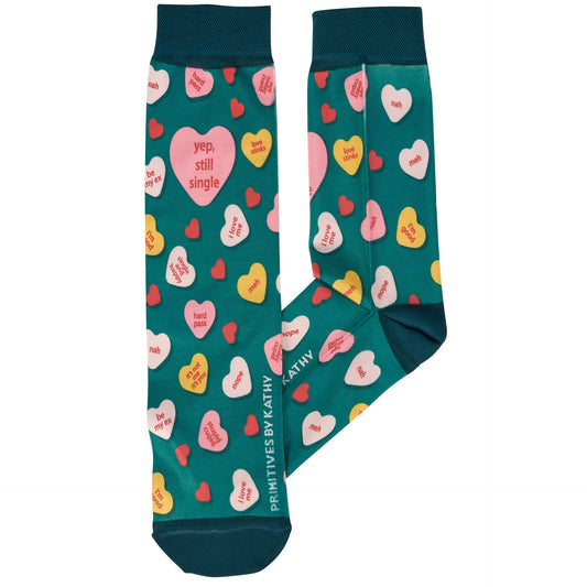 Yep, Still Single Crew Socks | Multicolor Candy Hearts Design Novelty Socks