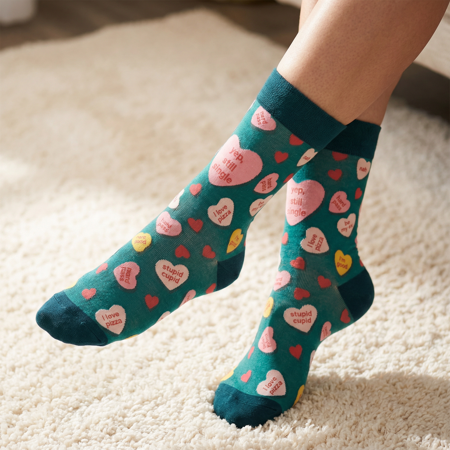 Yep, Still Single Crew Socks | Multicolor Candy Hearts Design Novelty Socks