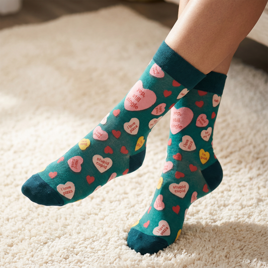 Yep, Still Single Crew Socks | Multicolor Candy Hearts Design Novelty Socks