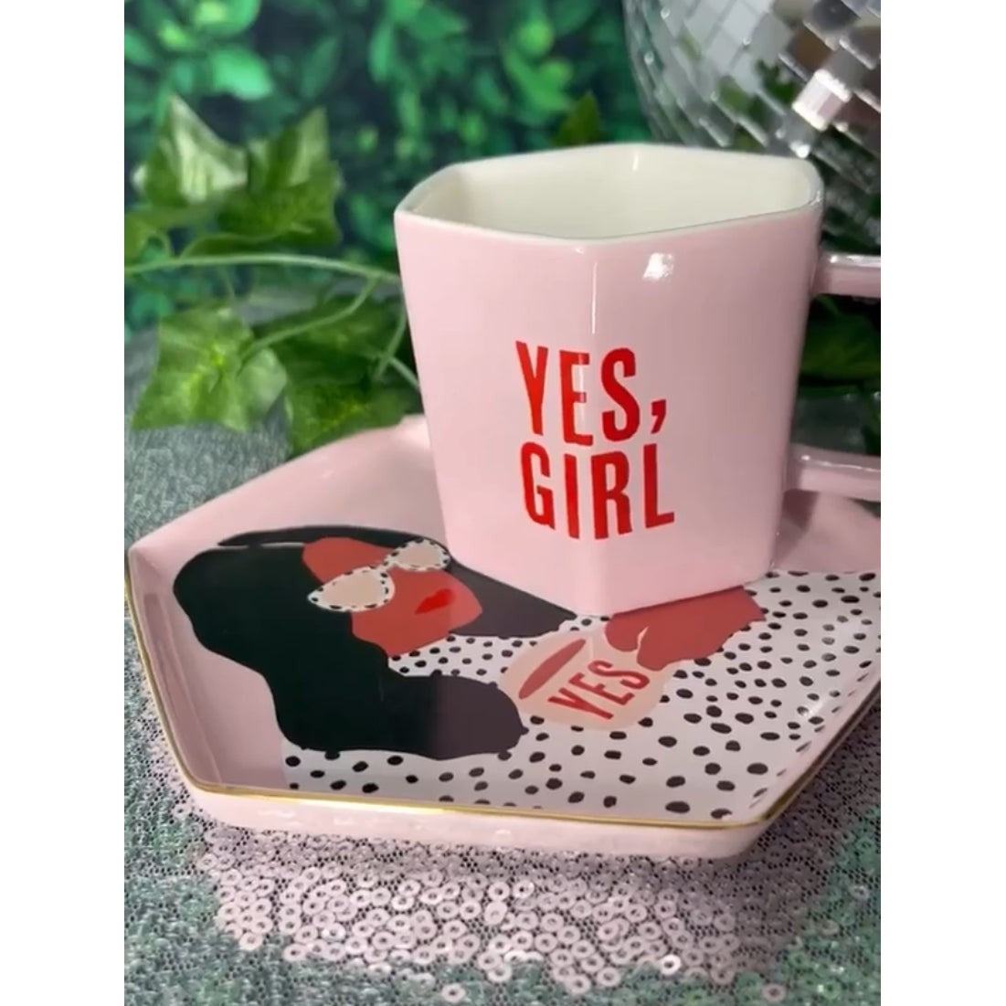 Yes, Girl Hexagon Mug & Saucer Set in Pink