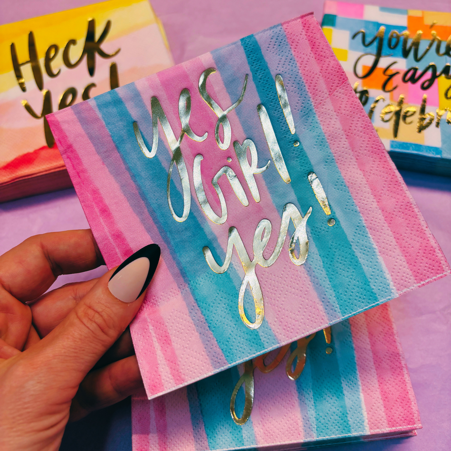 Yes Girl Yes Beverage Napkins in Watercolor Design | Multicolor Cocktail Party Paper Napkin | 5" x 5"