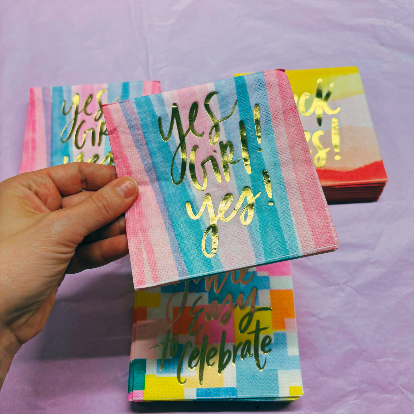 Yes Girl Yes Beverage Napkins in Watercolor Design | Multicolor Cocktail Party Paper Napkin | 5" x 5"
