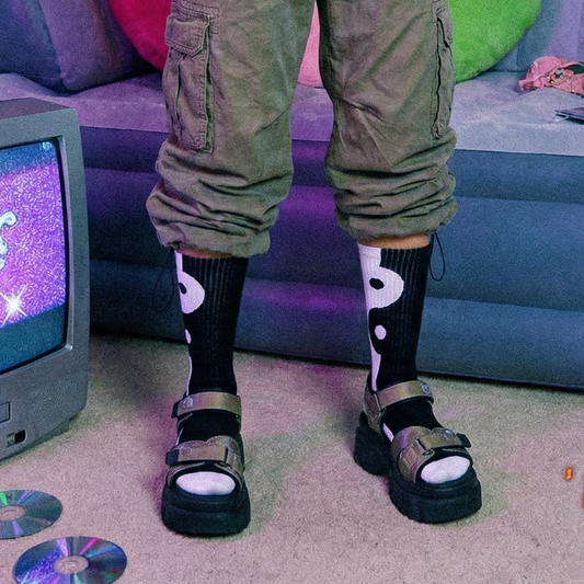 Yin Yang-Black & White Classic Crew Socks with Ribbed Tubing | Seamless Toe Seam Novelty Socks