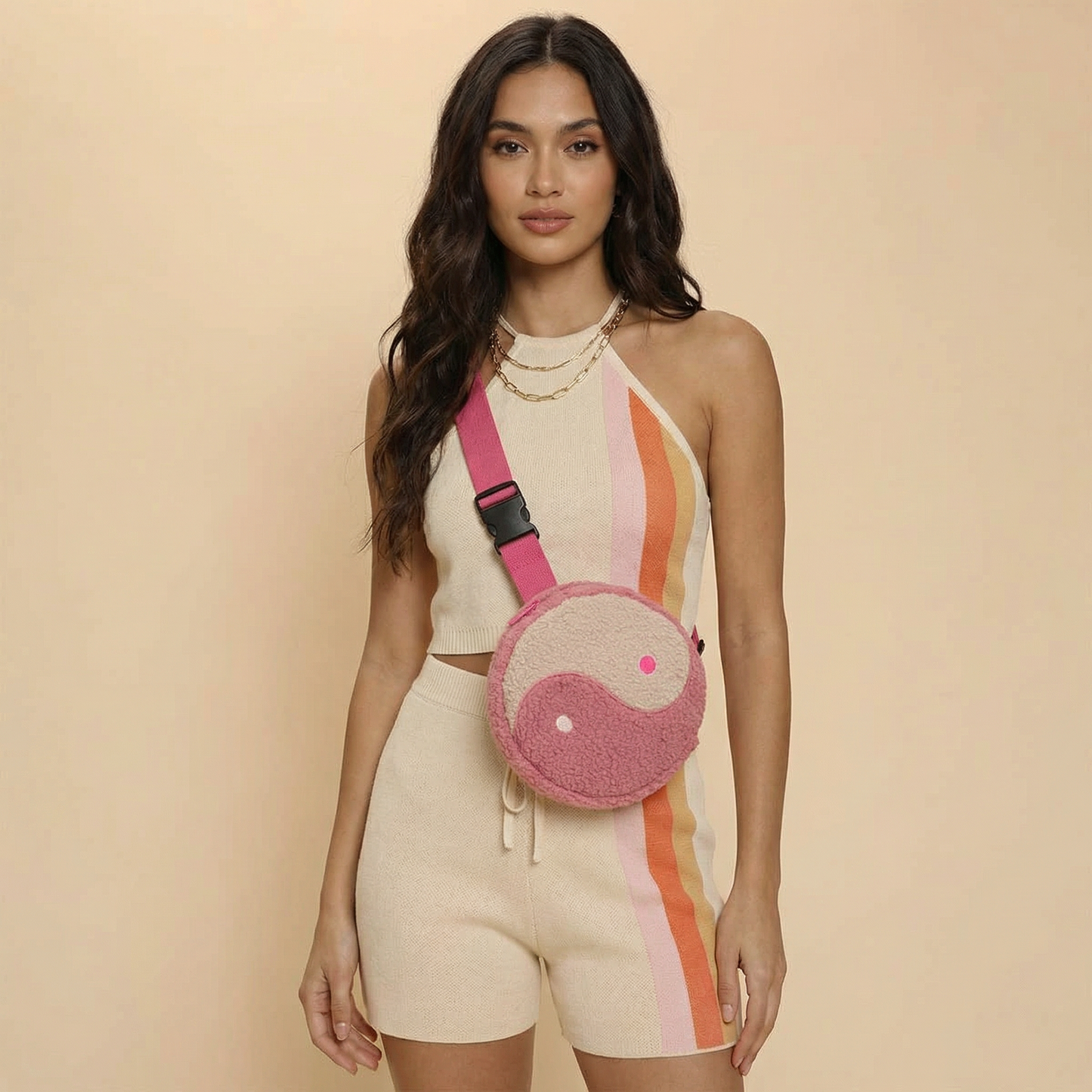 Yin Yang Crossbody Bag in Pink Plush | Crossbody Purse with Hot Pink Strap
