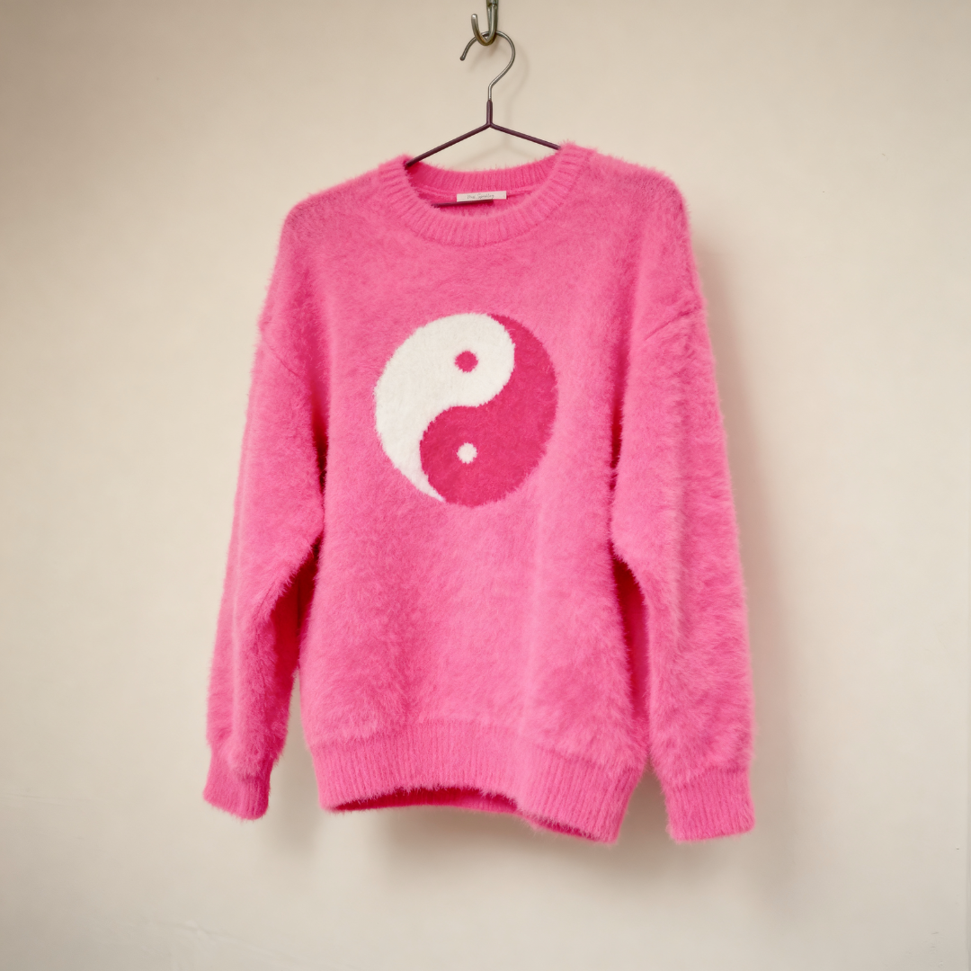 Yin Yang Fuzzy Sweater | Hot Pink 90’s Inspired Knit Pullover [SM–XL]