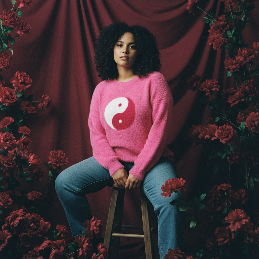 Yin Yang Fuzzy Sweater | Hot Pink 90’s Inspired Knit Pullover [SM–XL]