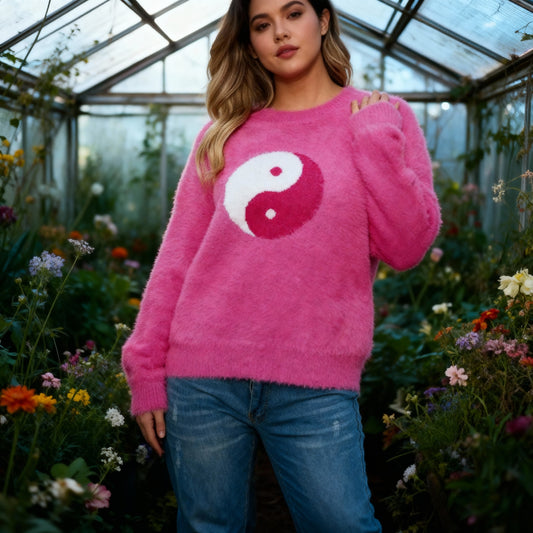 Yin Yang Fuzzy Sweater | Hot Pink 90’s Inspired Knit Pullover [SM–XL]