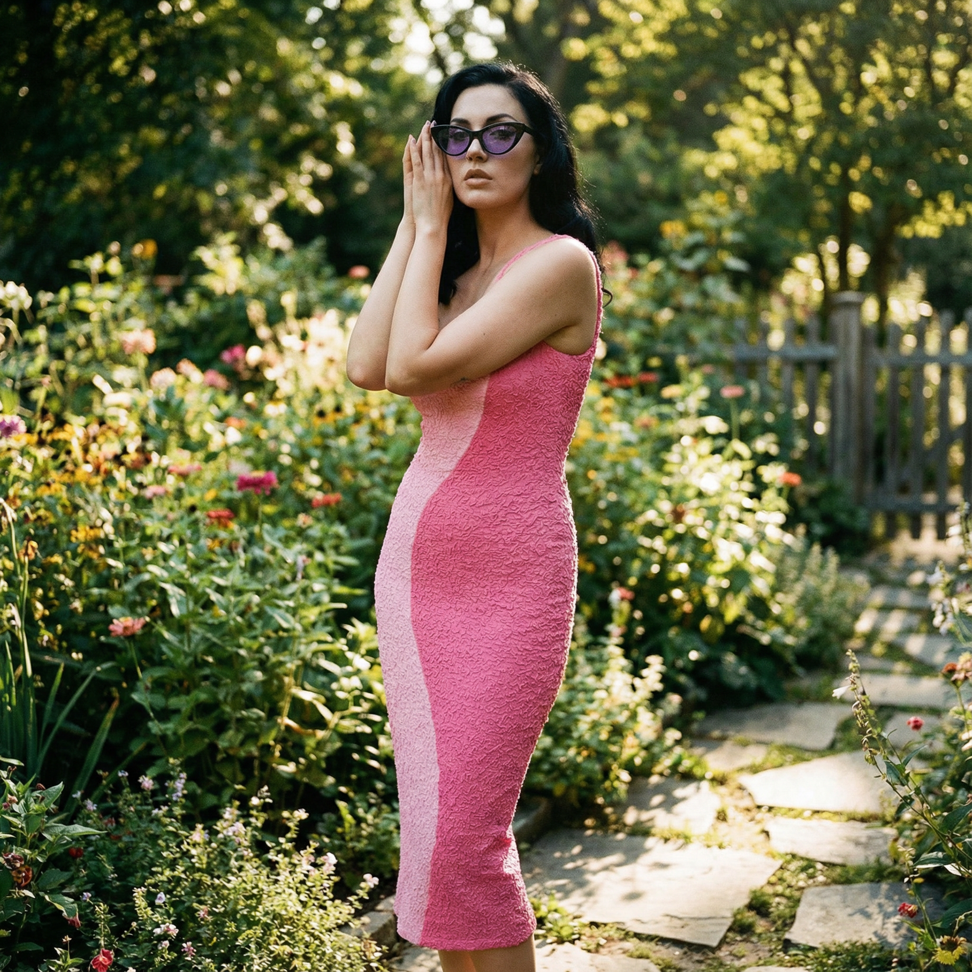 Yin Yang Two-Tone Pink Curve Smocked Midi Dress Pink / Xs Yin Yang Two-Tone Pink Curve Smocked Midi Dress Pink / Xs