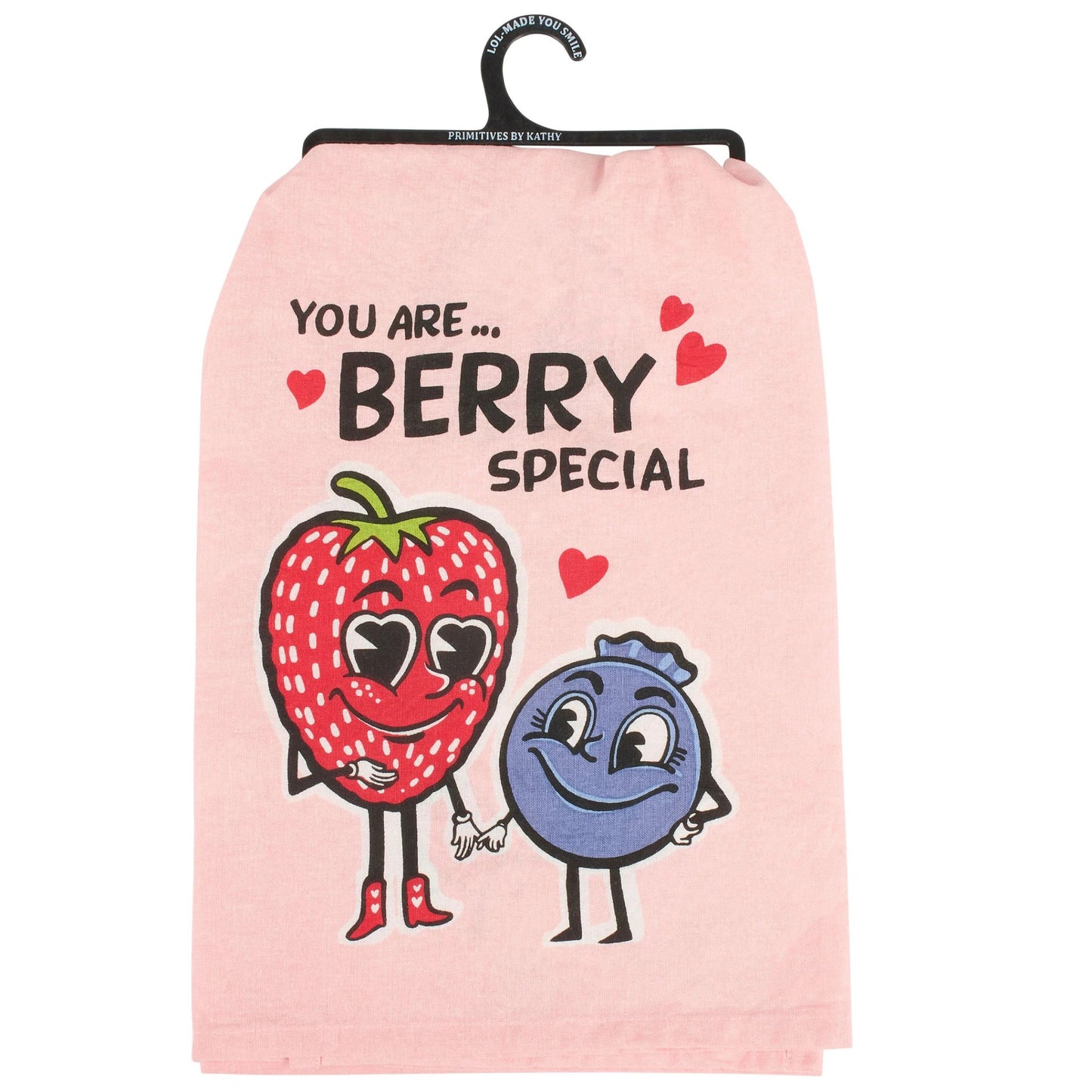 Pink towel with cartoon strawberry and blueberry holding hands and text 'You are berry special' on a white background.
