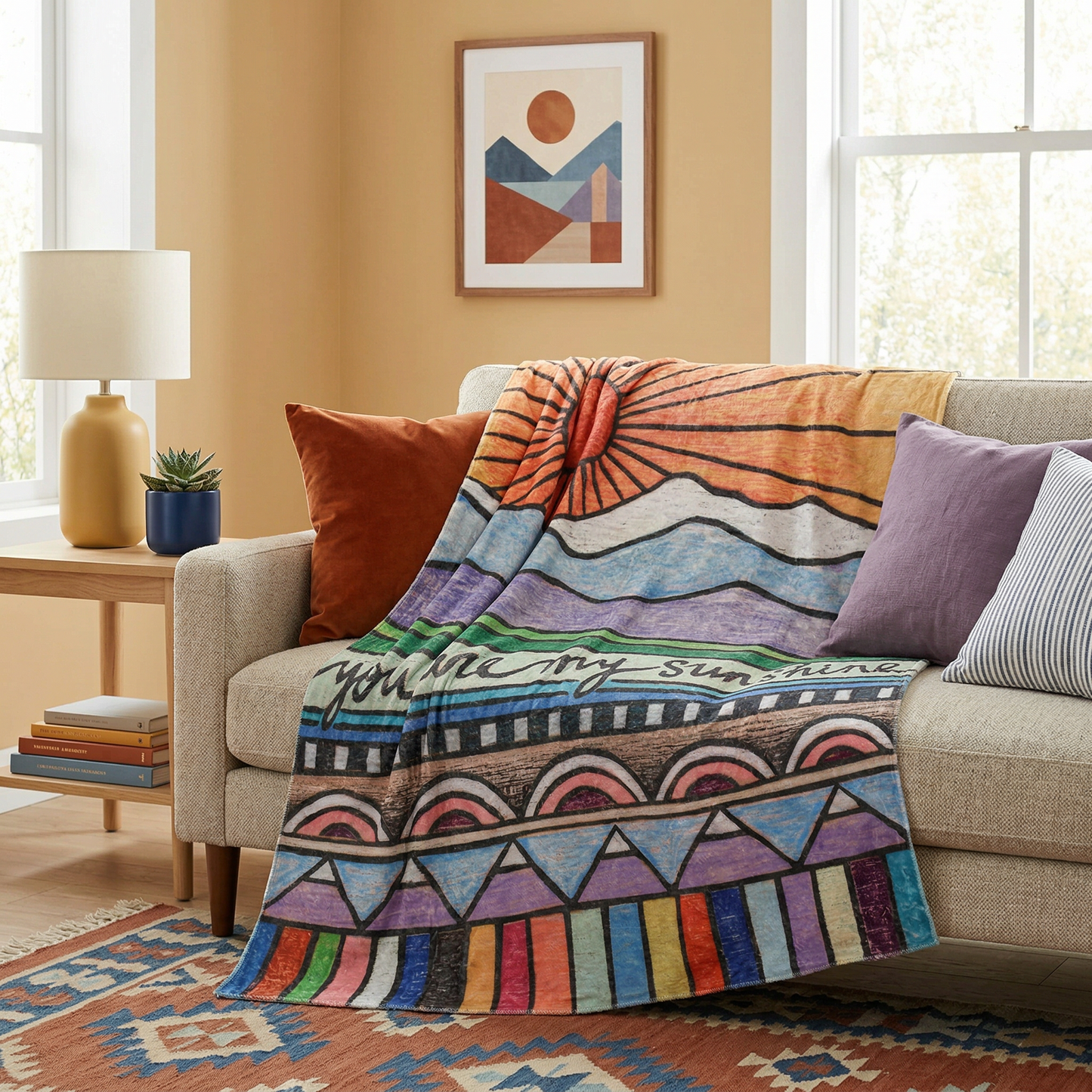 You Are My Sunshine Plush Throw Blanket | Colorful Woodburned-style Artwork Flannel Blanket | 50" x 60"