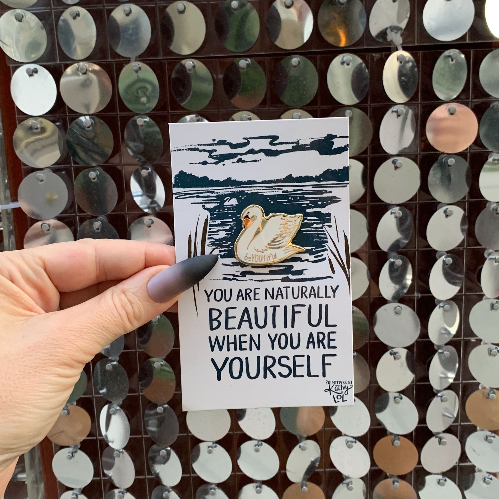 You Are Naturally Beautiful When You Are Yourself Swan Enamel Pin in White and Gold