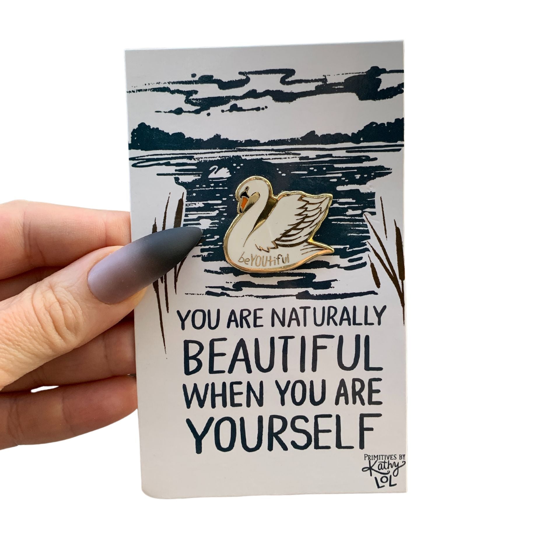 You Are Naturally Beautiful When You Are Yourself Swan Enamel Pin in White and Gold