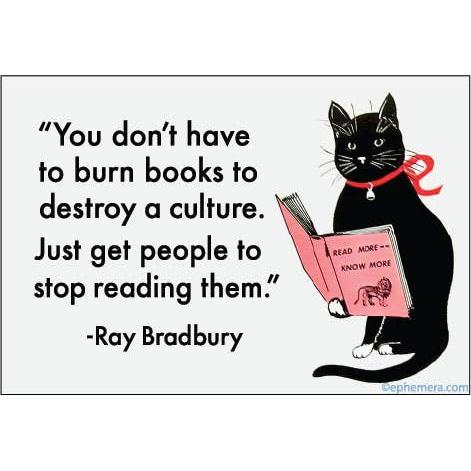 A typographic magnet featuring a quote by Ray Bradbury: 'You don't have to burn books to destroy a culture. Just get people to stop reading them.